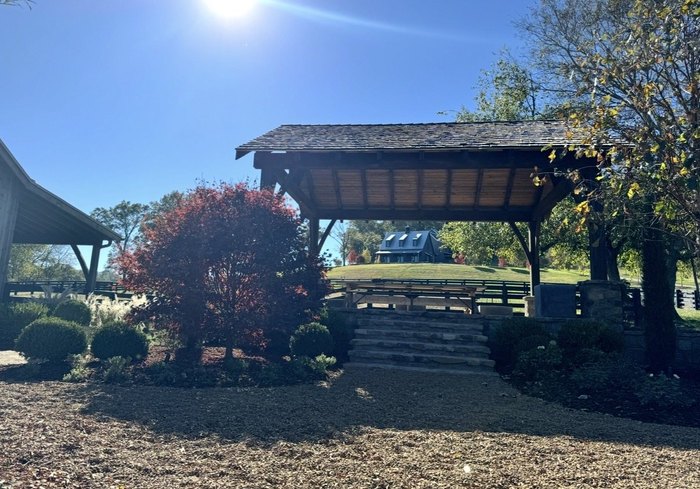 Japanese maple and rounded boxwoods planted around a timber pavilion overlooking open pasture